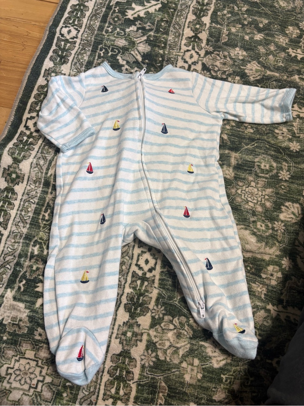 Little Me Light Blue & White Striped Sailboat Footed One-Piece